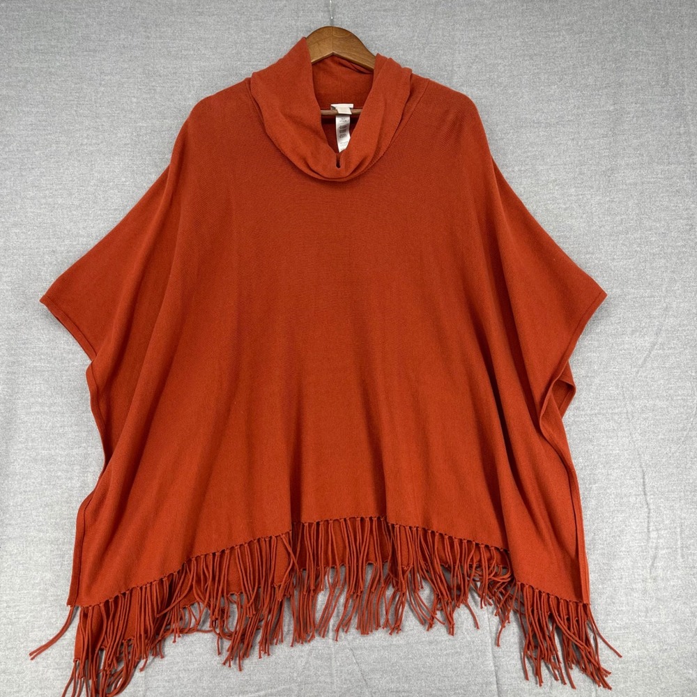 Chicos Burnt Orange Cowl Neck Fringe Hem Knit Poncho Wrap Transitional Boho OS
